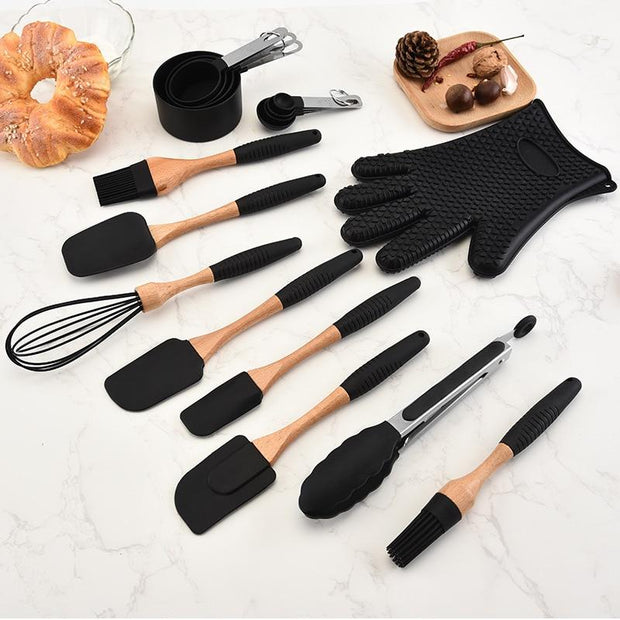 Silicone Wood Turner Soup Spoon Spatula Brush Scraper Pasta Server Gloves Egg Beater Black Kitchen Cooking Tools Kitchenware