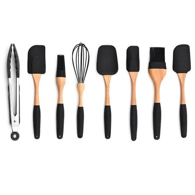 Silicone Wood Turner Soup Spoon Spatula Brush Scraper Pasta Server Gloves Egg Beater Black Kitchen Cooking Tools Kitchenware