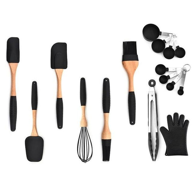 Silicone Wood Turner Soup Spoon Spatula Brush Scraper Pasta Server Gloves Egg Beater Black Kitchen Cooking Tools Kitchenware