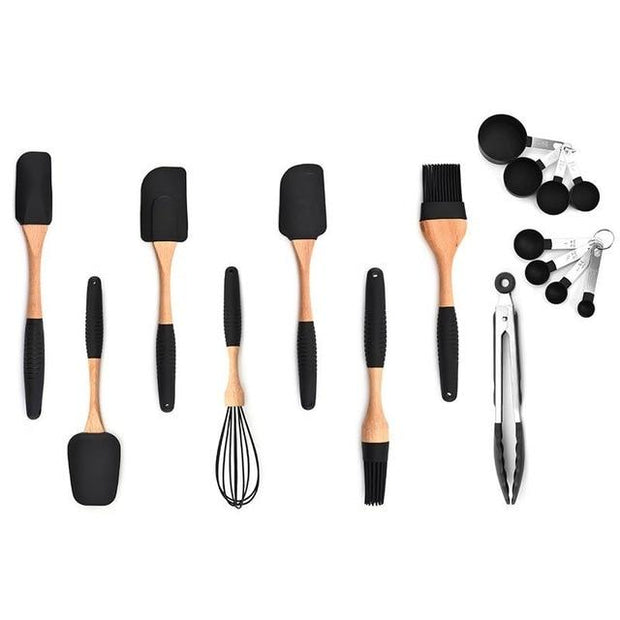 Silicone Wood Turner Soup Spoon Spatula Brush Scraper Pasta Server Gloves Egg Beater Black Kitchen Cooking Tools Kitchenware