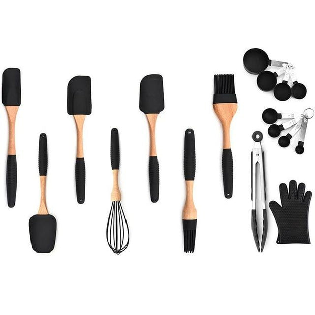 Silicone Wood Turner Soup Spoon Spatula Brush Scraper Pasta Server Gloves Egg Beater Black Kitchen Cooking Tools Kitchenware